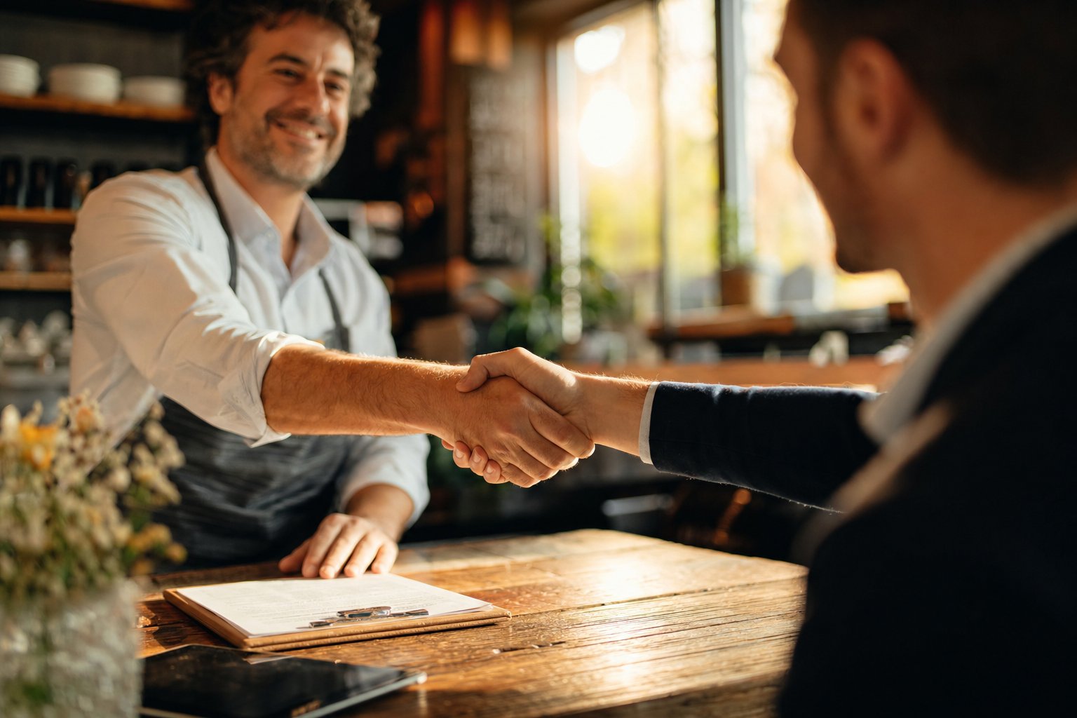 Two people shaking hands after agreeing to a partnership